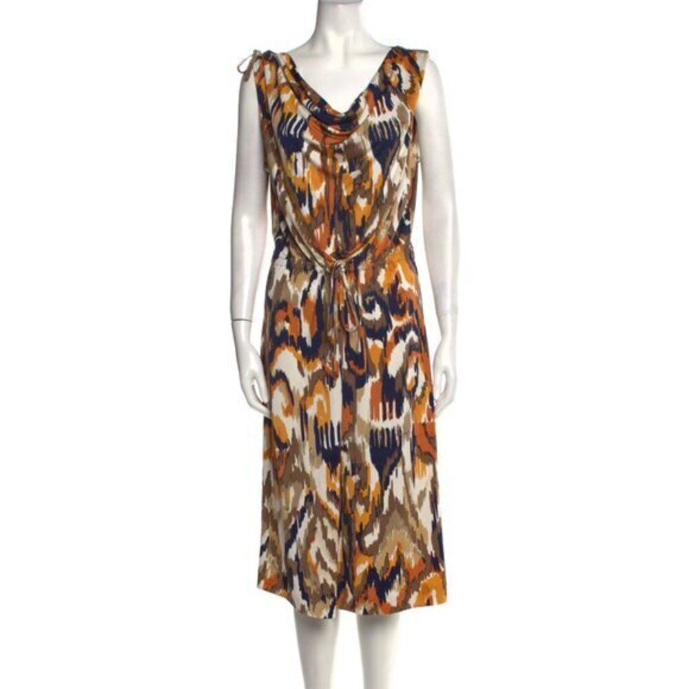Tory Burch Navy, Rust & Cream Cowl-Neck Tie-Waist Midi Dress